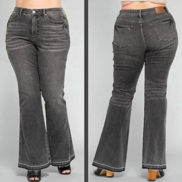 Judy Blue Washed Gray Mid Rise Tummy Control Release Hem Flare Jeans NWT - Picture 1 of 15